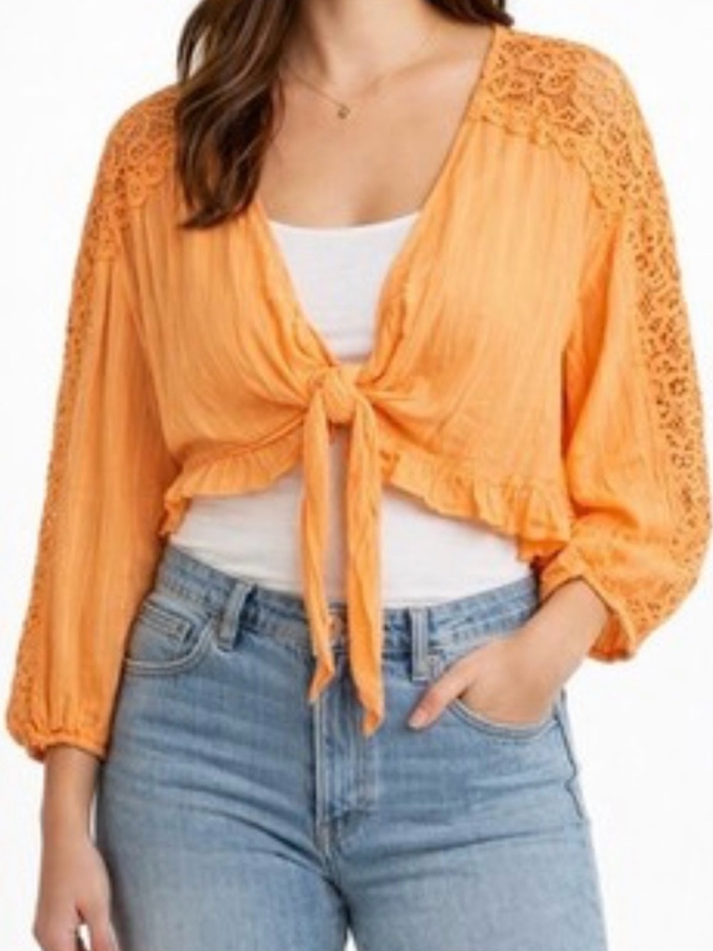 American Eagle Outfitters Orange Tie-Front Lace Sleeve Crop Top
